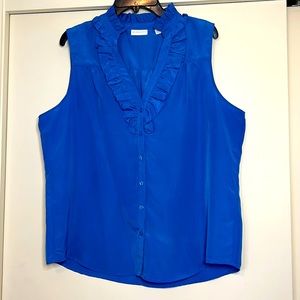 New York & Co. Blue Ruffled Neck Sleeveless Blouse
